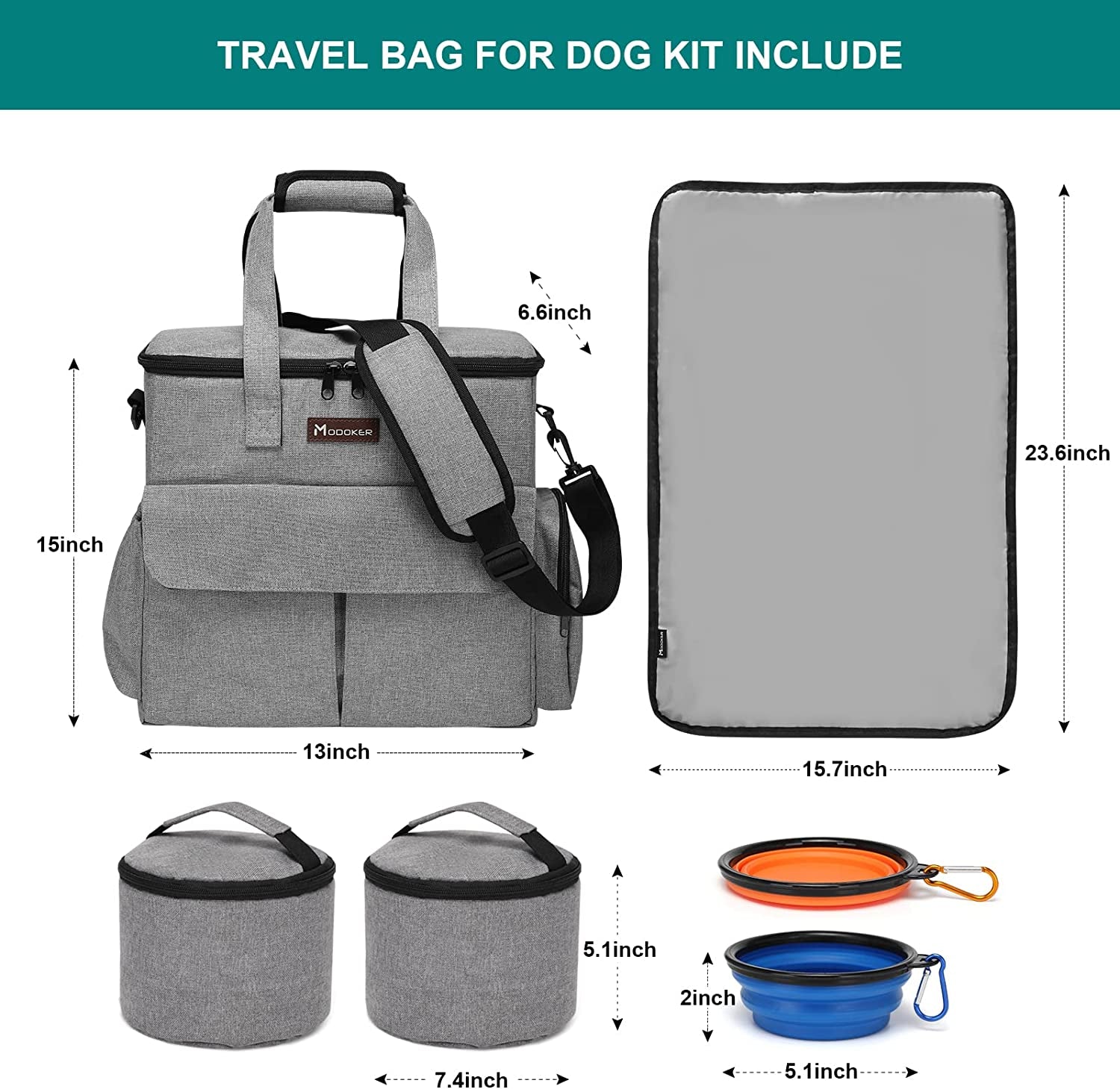 Dog Travel Bag, Weekend Pet Travel Set for Dog and Cat, Airline Approved Tote Organizer with Multi-Function Pockets, 2 Food Storage Containers, 2 Collapsible Bowls, 1 Feeding Mat (Grey)