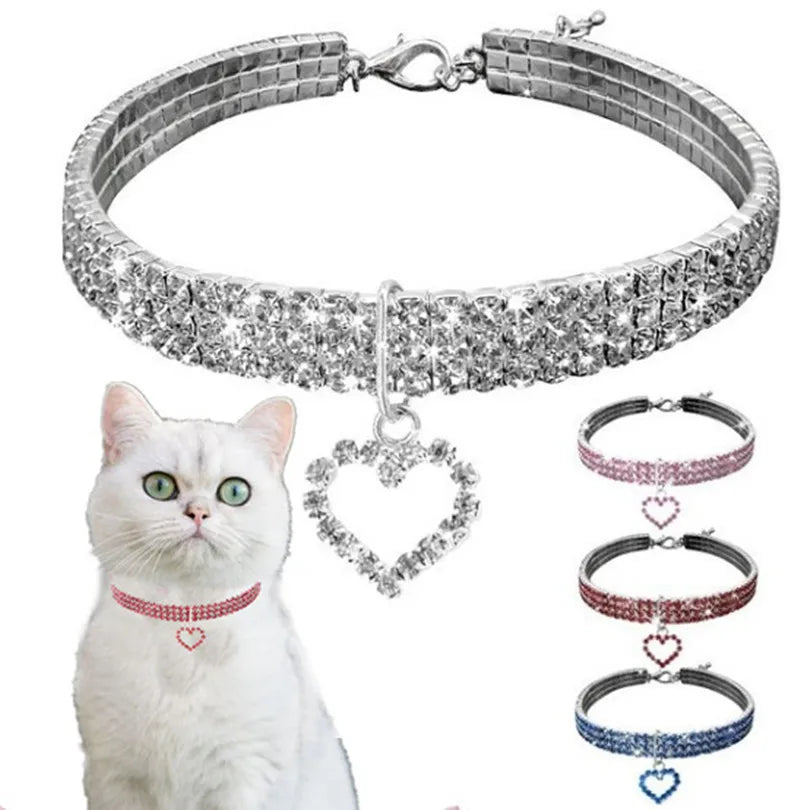 New Cat Dog Collar Three Row Elastic Rhinestone Pet Collars Love Decoration Necklace Puppy Kitten Ornament Pets Supplies