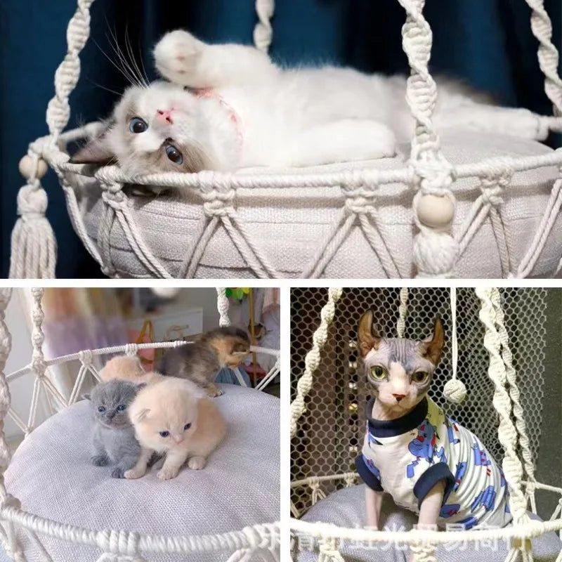 New Pet Hammock Cat Swing Hand Woven Cotton Rope Cats Hanging Basket Kitten Hanging String Den Indoor Pend Nest Pets Supplies